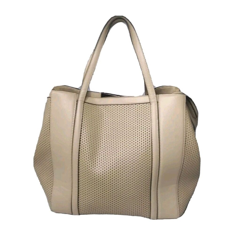 Charles Jourdan Bailey Leather Perforated Tote Bag Large Cream Brown Handbag